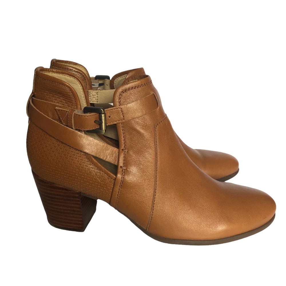 Geox Stacked Heel Ankle Bootie Size 41 Cognac Brown Leather Buckle